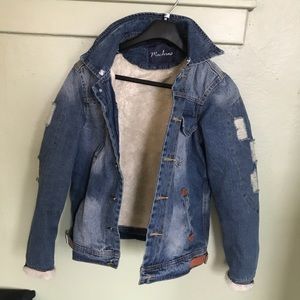(Men) Jean Faux Fur Hooded Button Denim Jacket